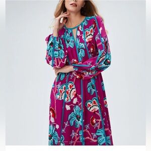 Diane Von Furstenberg Floral Long Sleeve Maxi Dress - Purple and Teal Size S